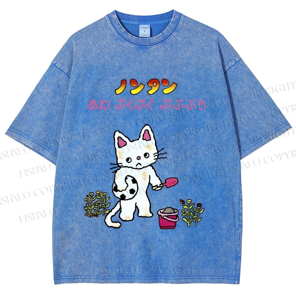 Unisex Japanese Sad Cat Printed Washed Tee