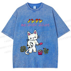 Unisex Japanese Sad Cat Printed Washed Tee