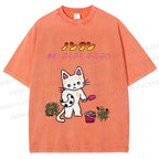 Unisex Japanese Sad Cat Printed Washed Tee