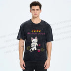 Unisex Japanese Sad Cat Printed Washed Tee