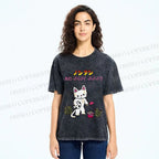 Unisex Japanese Sad Cat Printed Washed Tee