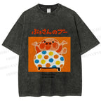 Unisex Vintage Japanese Silly Pig Printed Washed Tee