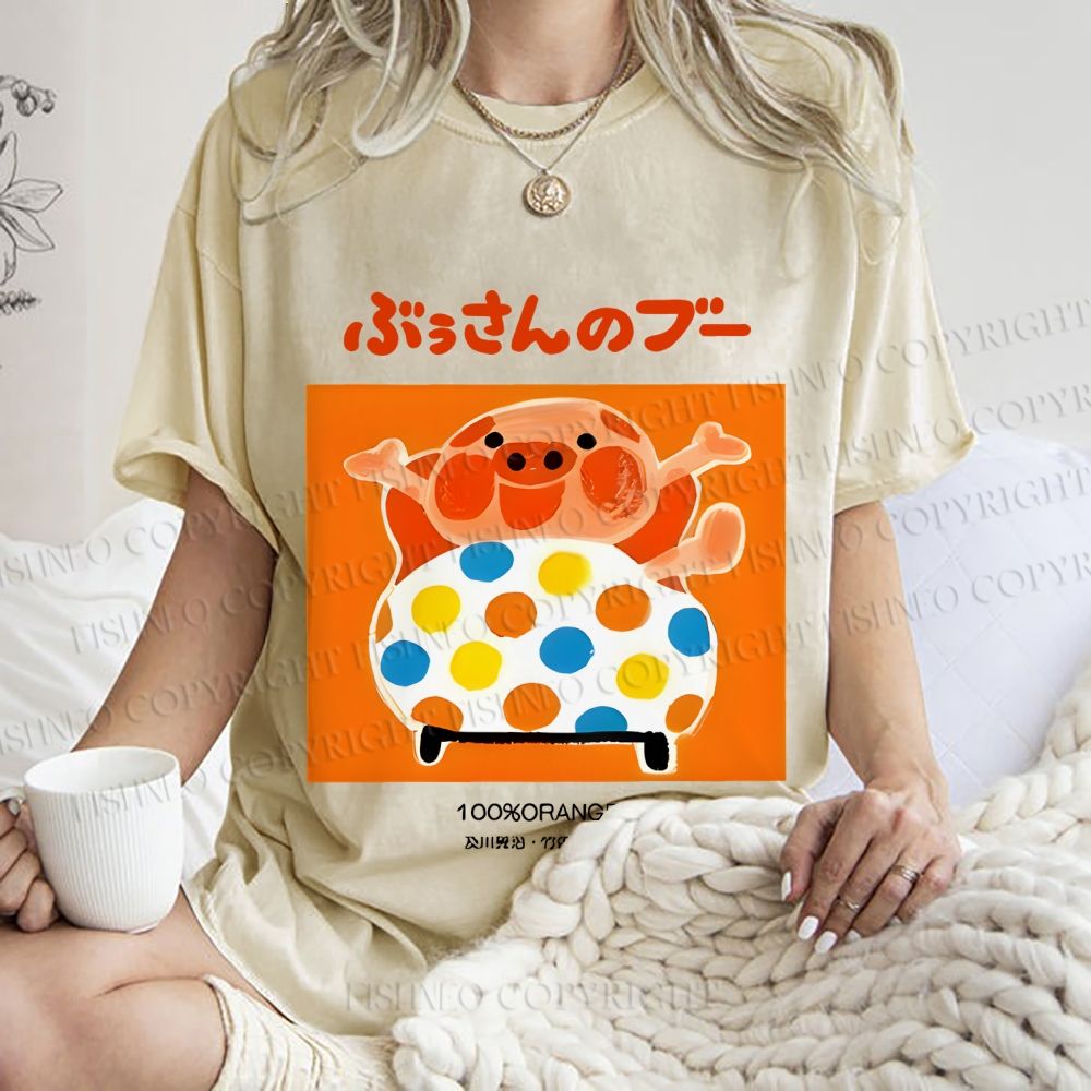 Unisex Vintage Japanese Silly Pig Printed Washed Tee