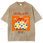 Unisex Vintage Japanese Silly Pig Printed Washed Tee