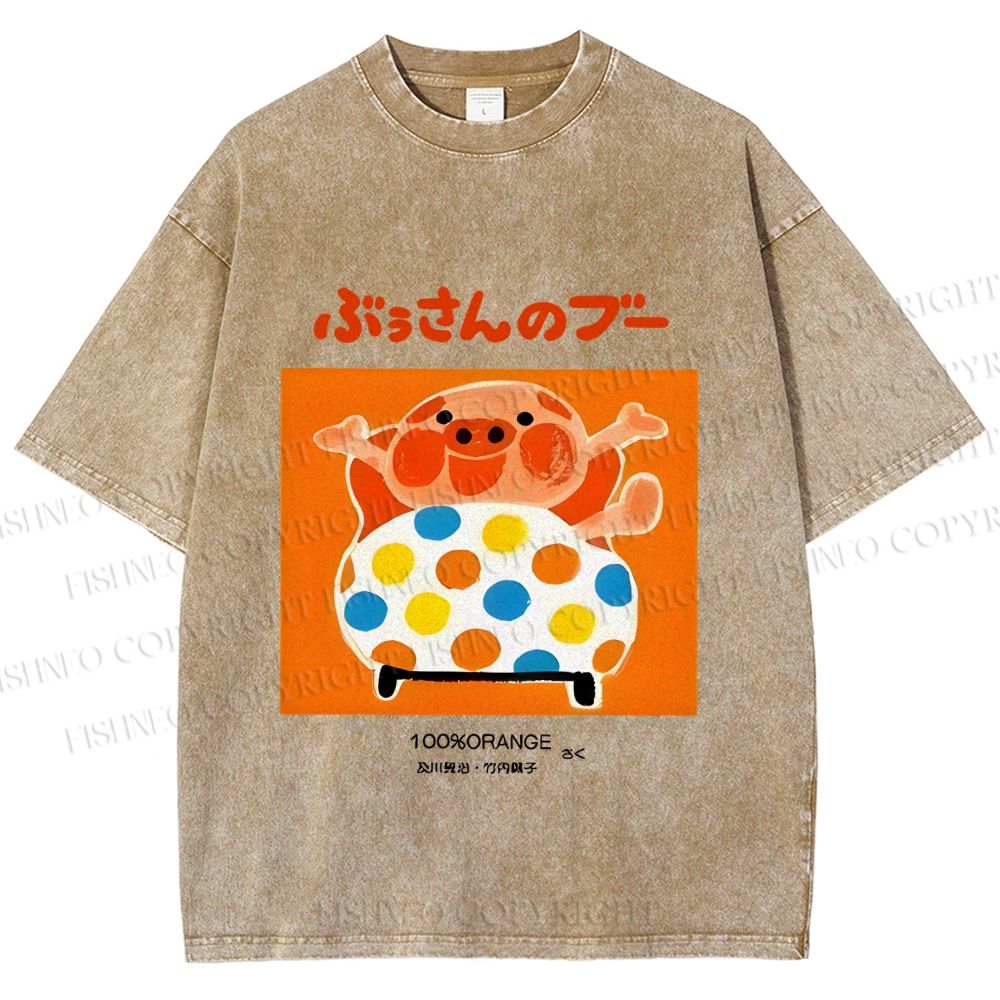 Unisex Vintage Japanese Silly Pig Printed Washed Tee