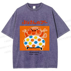 Unisex Vintage Japanese Silly Pig Printed Washed Tee