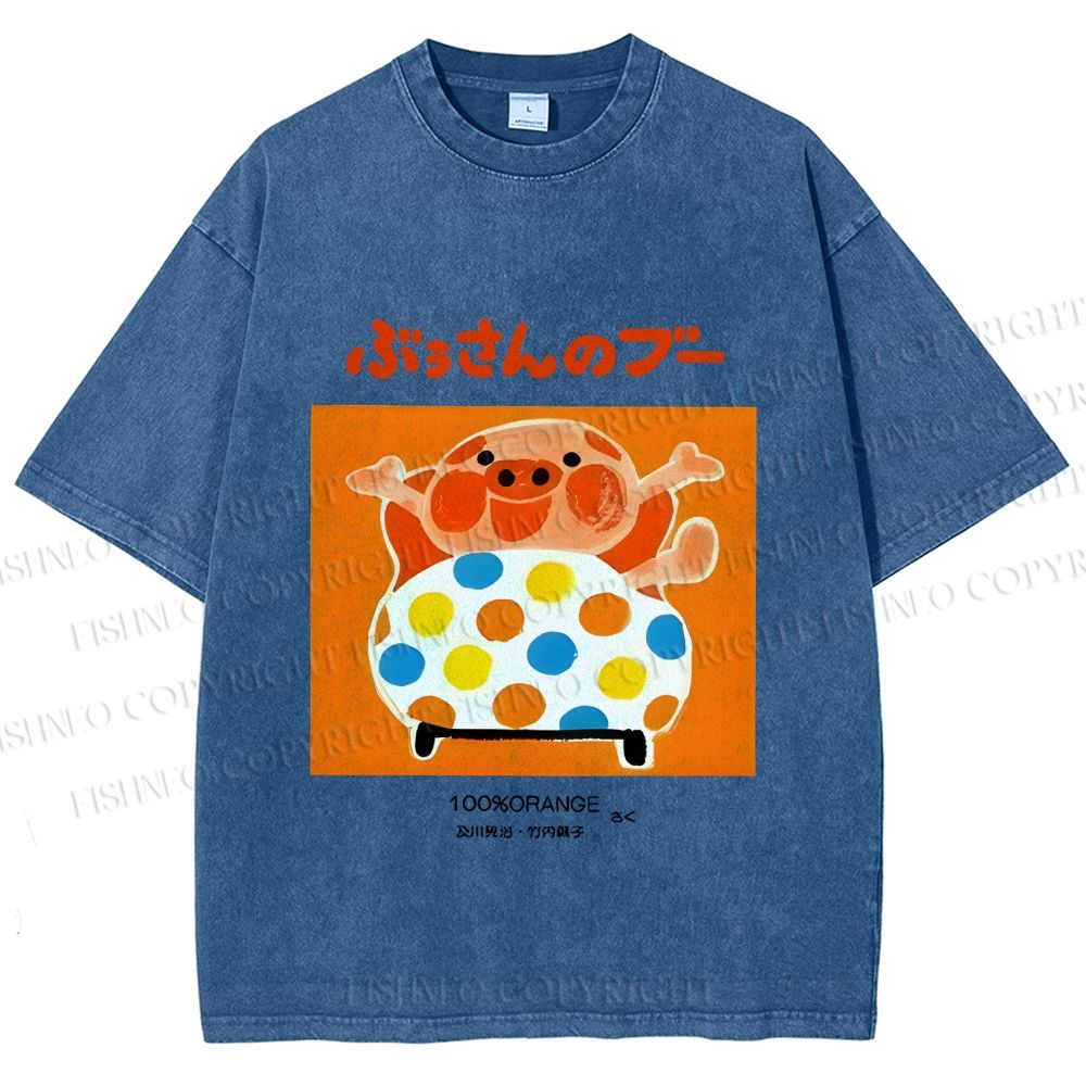 Unisex Vintage Japanese Silly Pig Printed Washed Tee