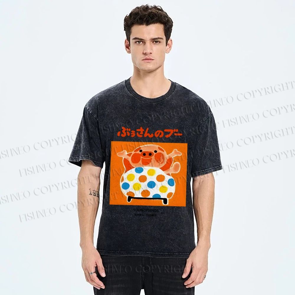 Unisex Vintage Japanese Silly Pig Printed Washed Tee