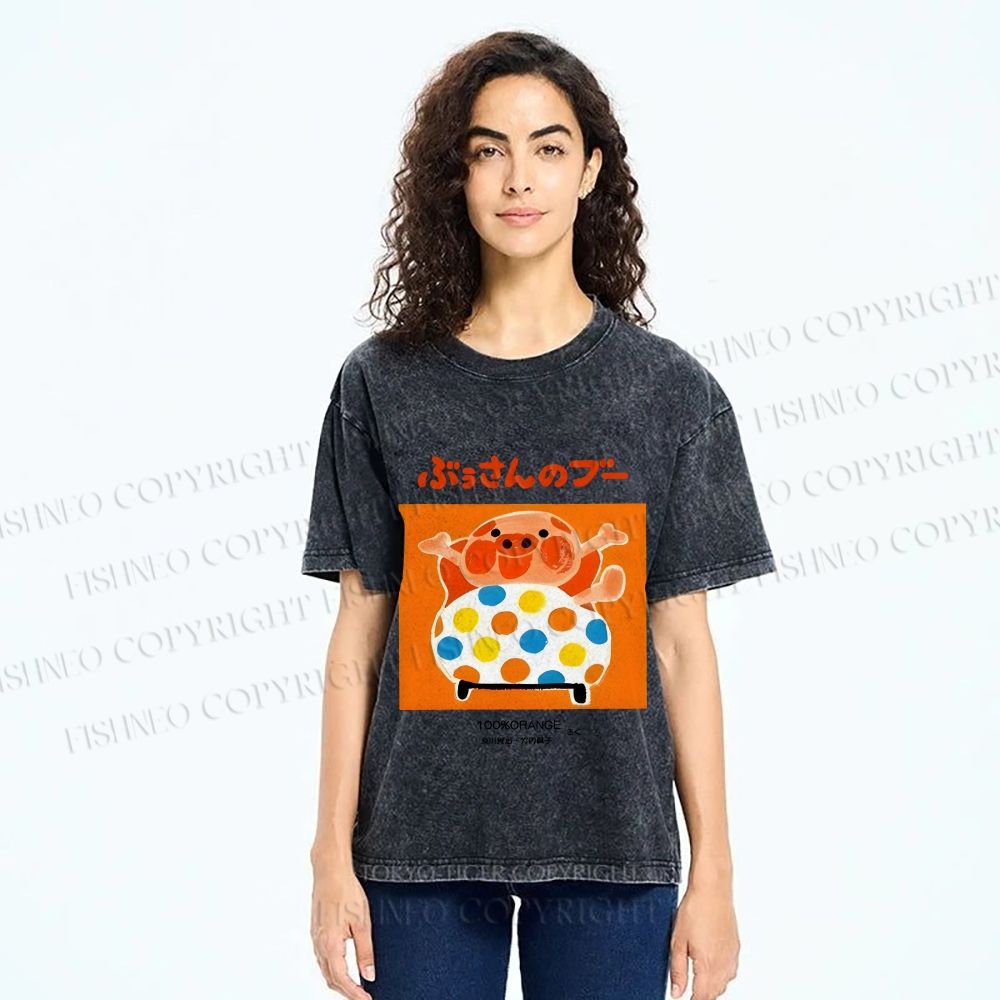 Unisex Vintage Japanese Silly Pig Printed Washed Tee