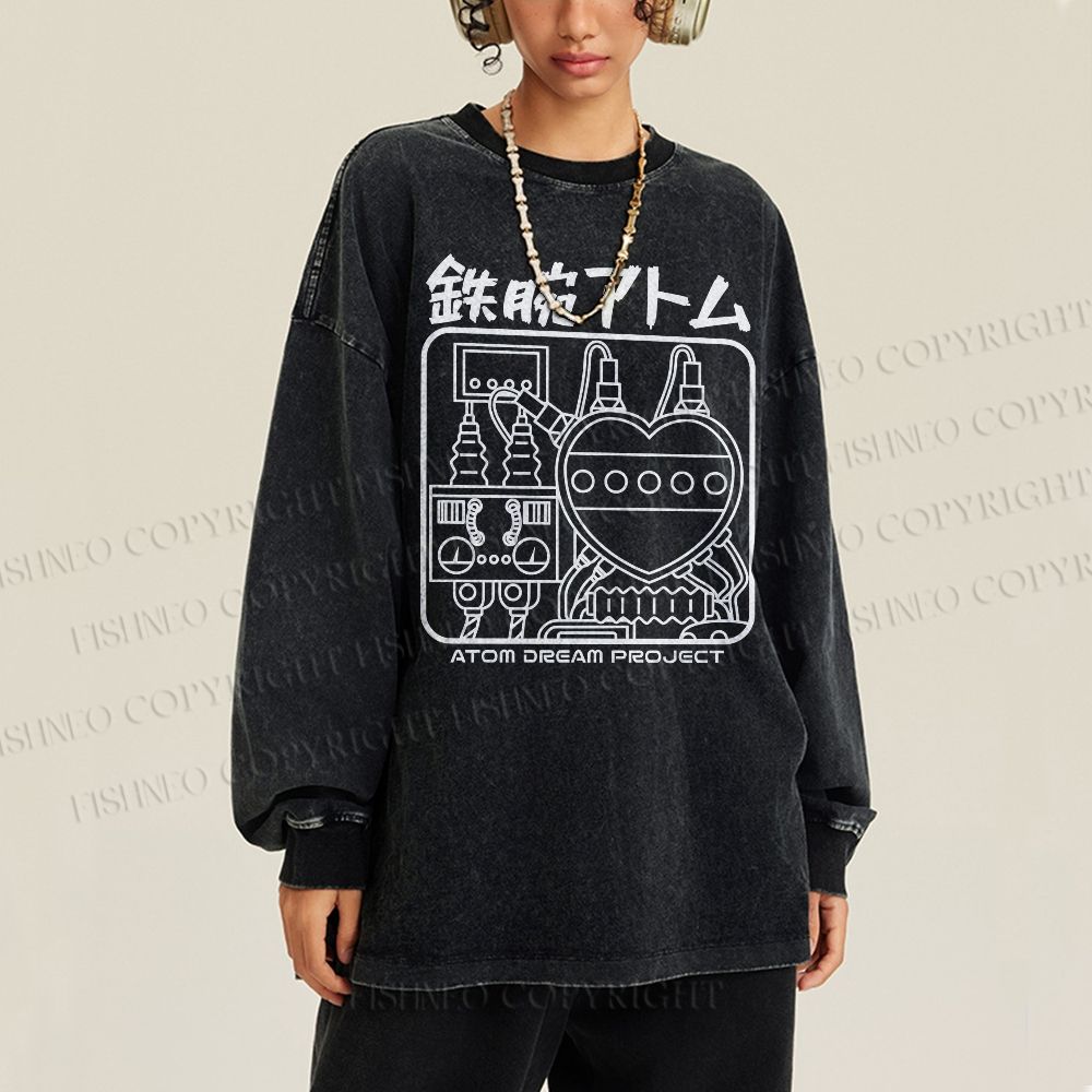 Unisex Casual Washed Astro Boy Printed Long Sleeve T-shirt