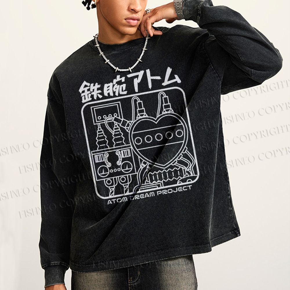 Unisex Casual Washed Astro Boy Printed Long Sleeve T-shirt