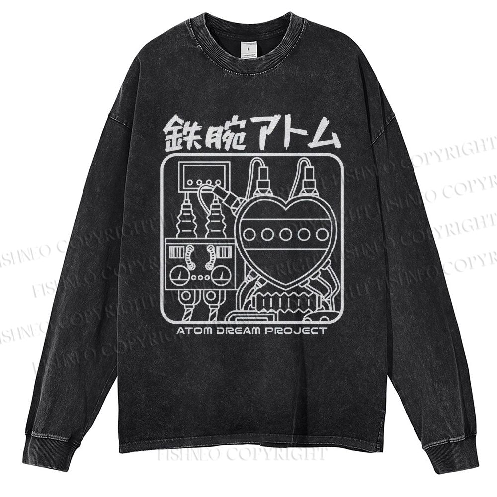 Unisex Casual Washed Astro Boy Printed Long Sleeve T-shirt