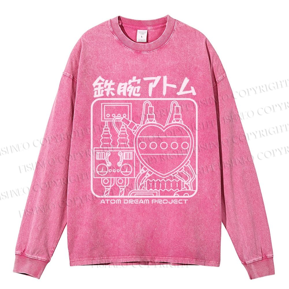 Unisex Casual Washed Astro Boy Printed Long Sleeve T-shirt
