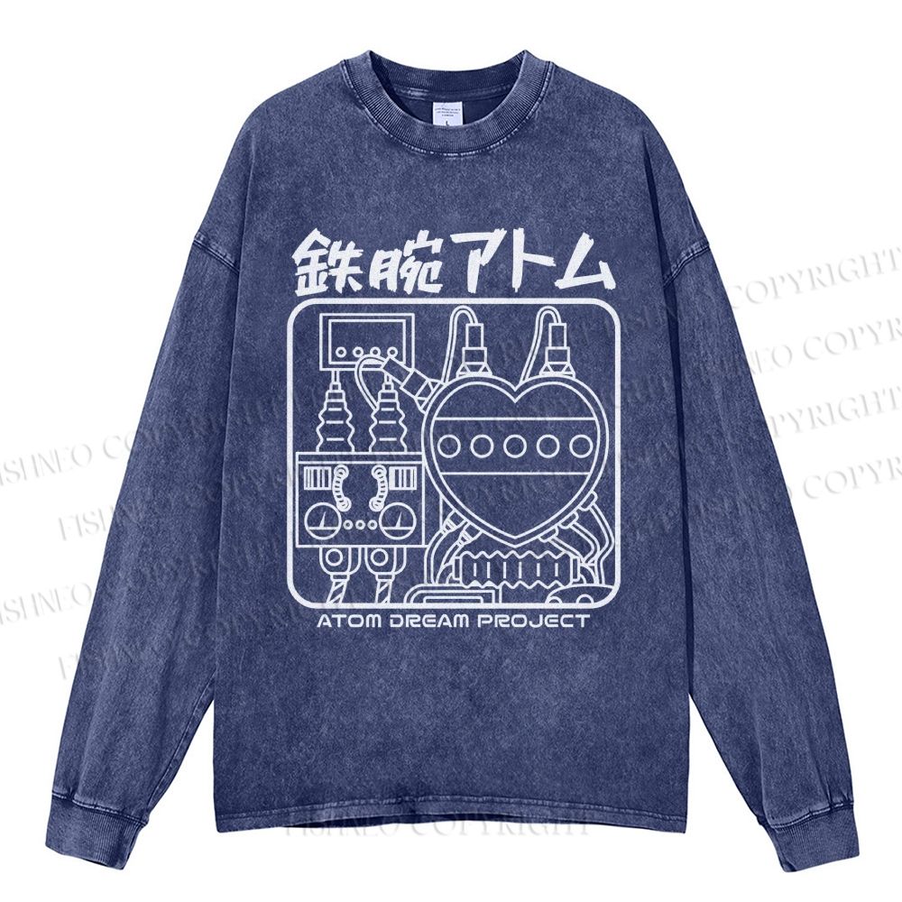 Unisex Casual Washed Astro Boy Printed Long Sleeve T-shirt