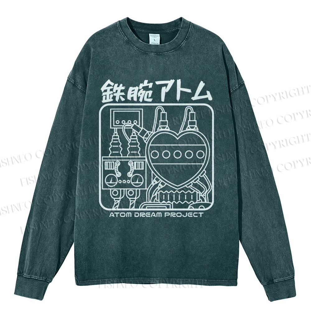 Unisex Casual Washed Astro Boy Printed Long Sleeve T-shirt