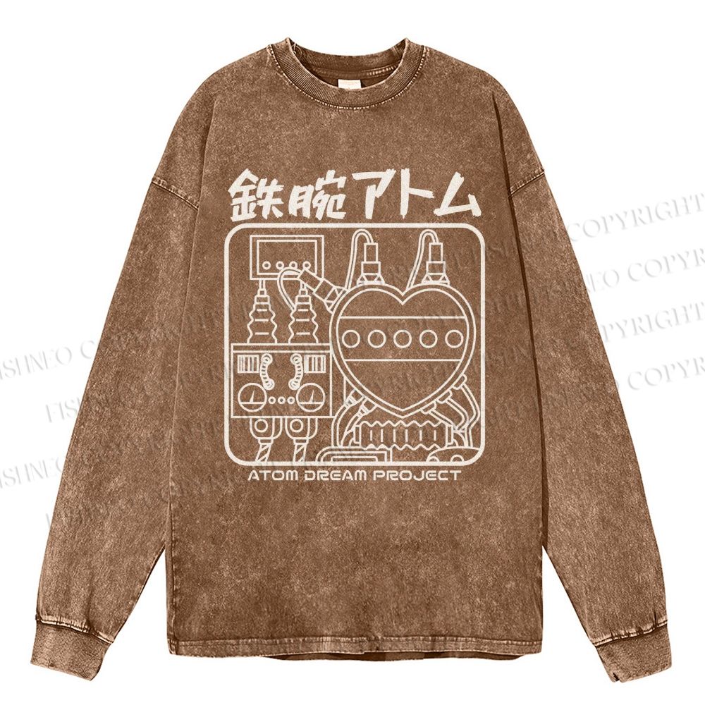 Unisex Casual Washed Astro Boy Printed Long Sleeve T-shirt