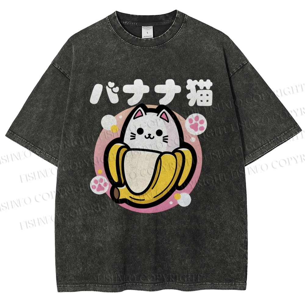 Unisex Banana Cat Printed Washed Tee