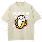 Unisex Banana Cat Printed Washed Tee