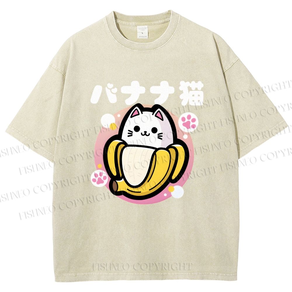 Unisex Banana Cat Printed Washed Tee