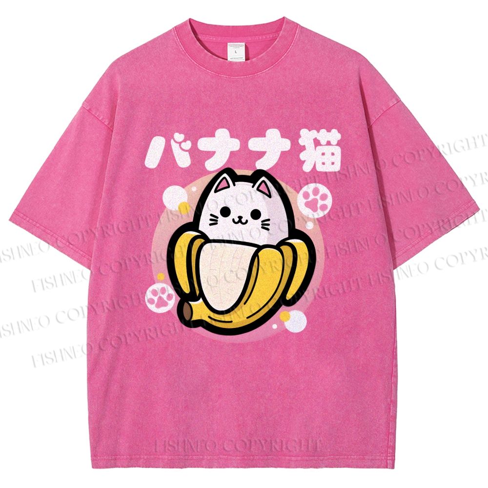 Unisex Banana Cat Printed Washed Tee