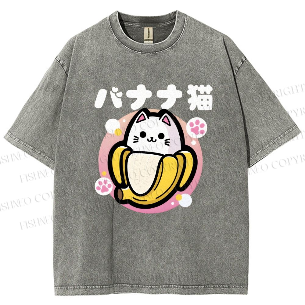 Unisex Banana Cat Printed Washed Tee