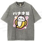 Unisex Banana Cat Printed Washed Tee