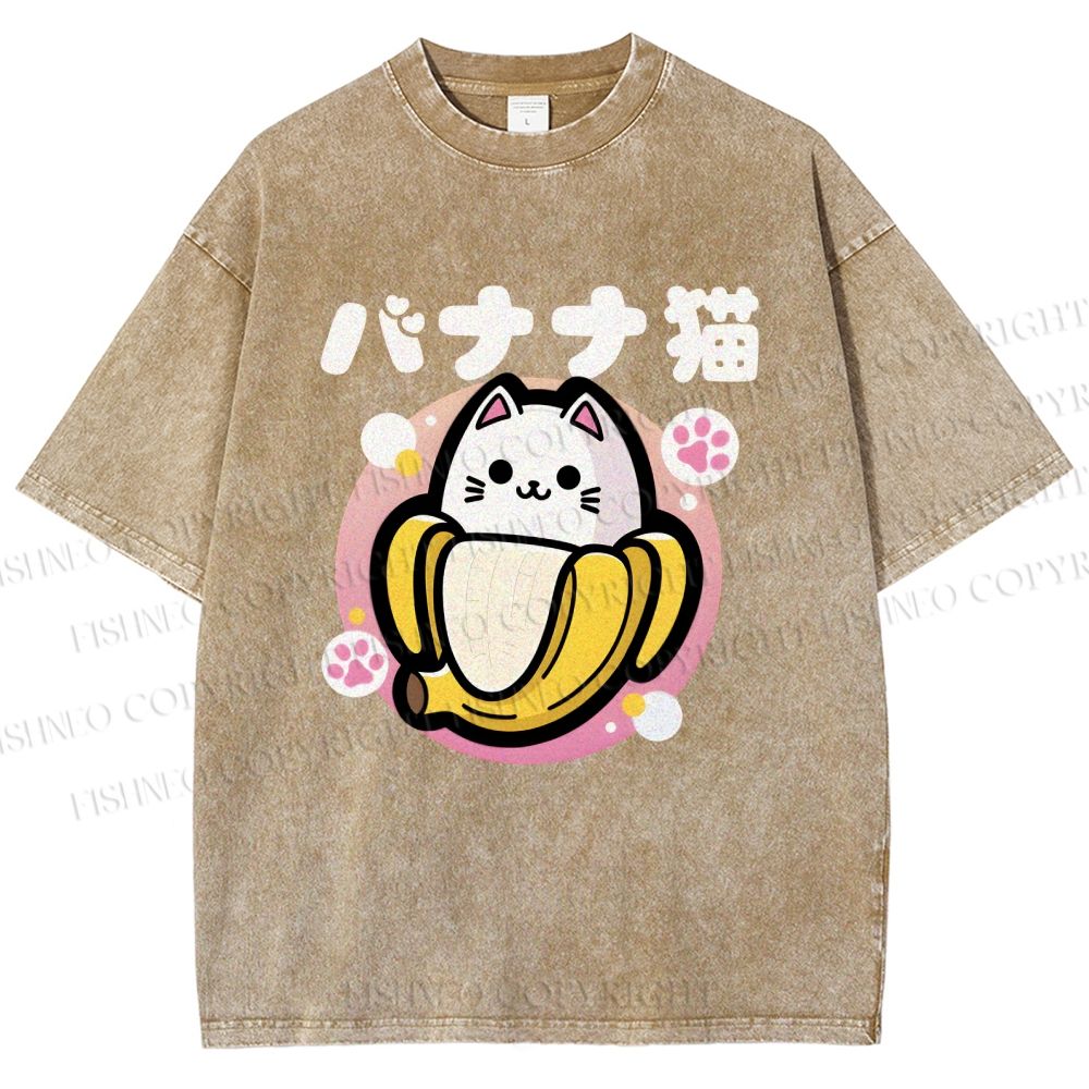 Unisex Banana Cat Printed Washed Tee