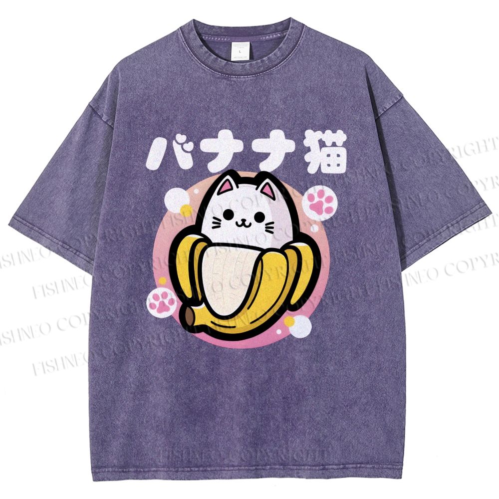 Unisex Banana Cat Printed Washed Tee