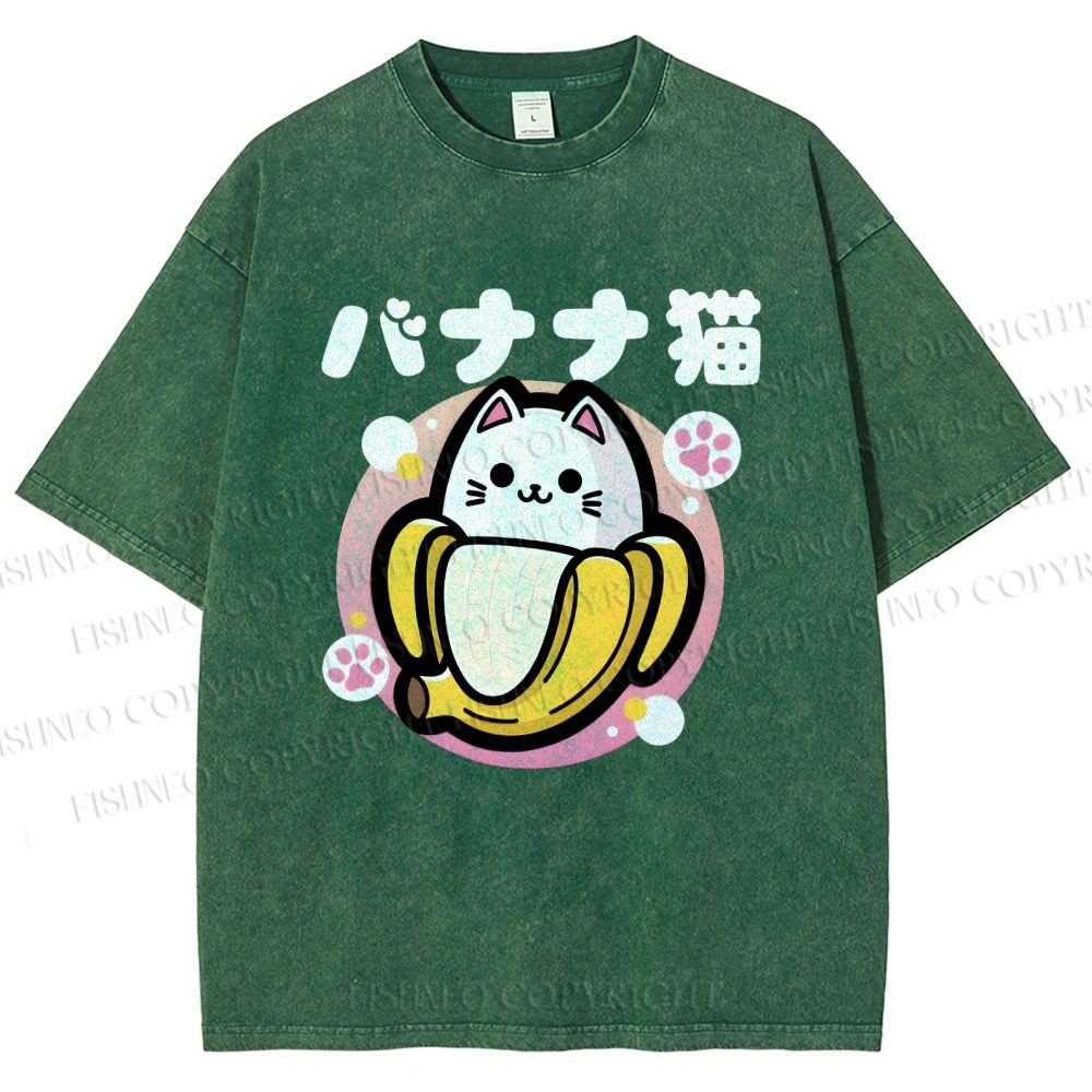 Unisex Banana Cat Printed Washed Tee
