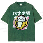 Unisex Banana Cat Printed Washed Tee