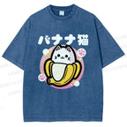 Unisex Banana Cat Printed Washed Tee