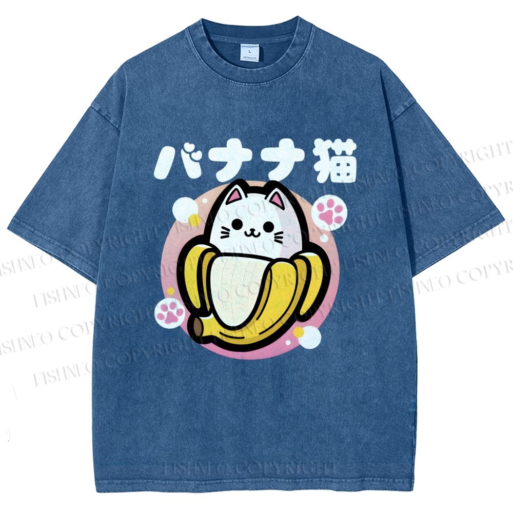 Unisex Banana Cat Printed Washed Tee