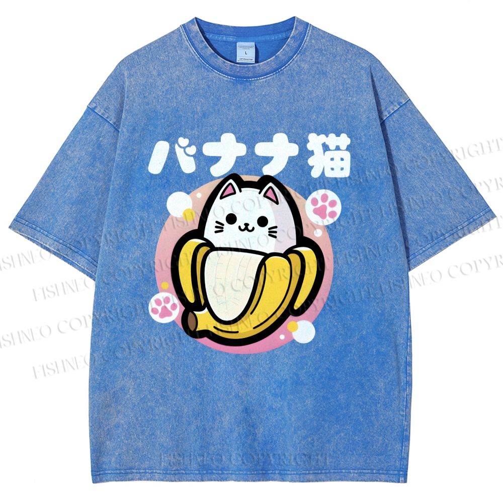 Unisex Banana Cat Printed Washed Tee