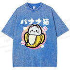 Unisex Banana Cat Printed Washed Tee