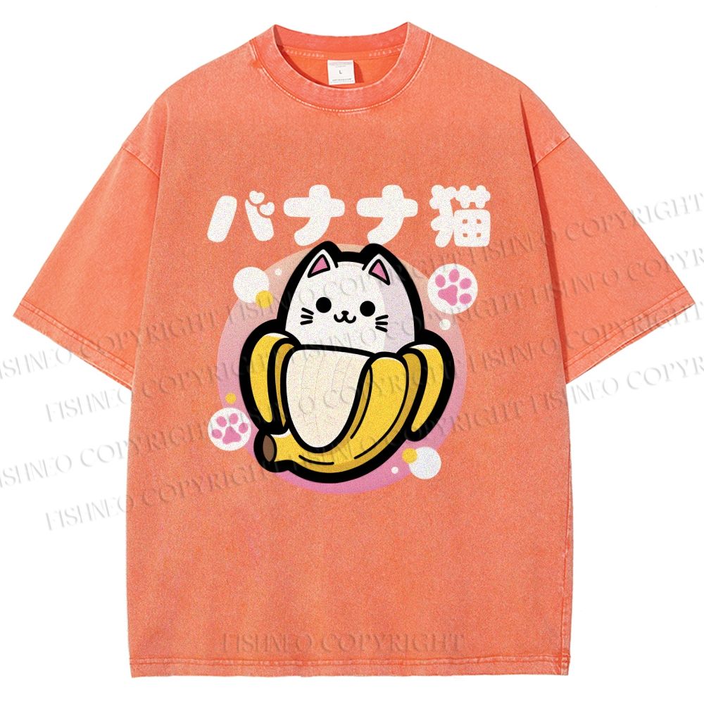 Unisex Banana Cat Printed Washed Tee