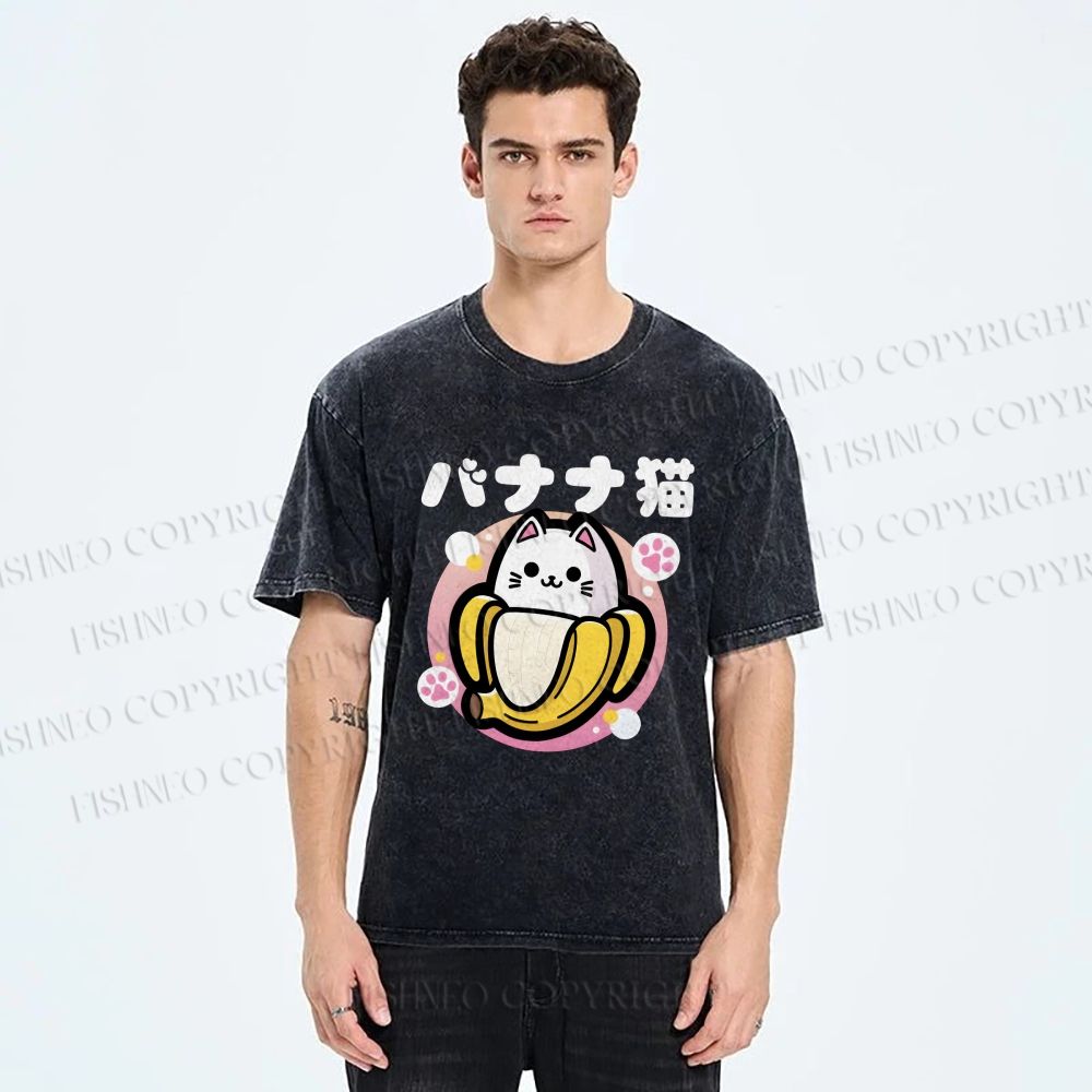 Unisex Banana Cat Printed Washed Tee