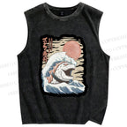 Unisex Japanese Sushi Wave Printed Washed Tank Top