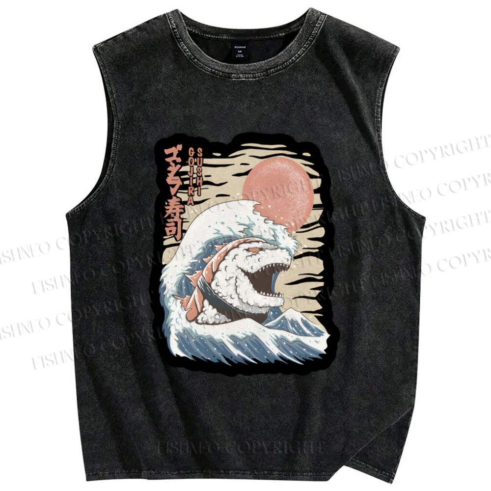 Unisex Japanese Sushi Wave Printed Washed Tank Top