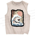 Unisex Japanese Sushi Wave Printed Washed Tank Top