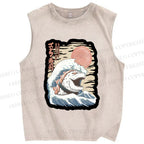 Unisex Japanese Sushi Wave Printed Washed Tank Top