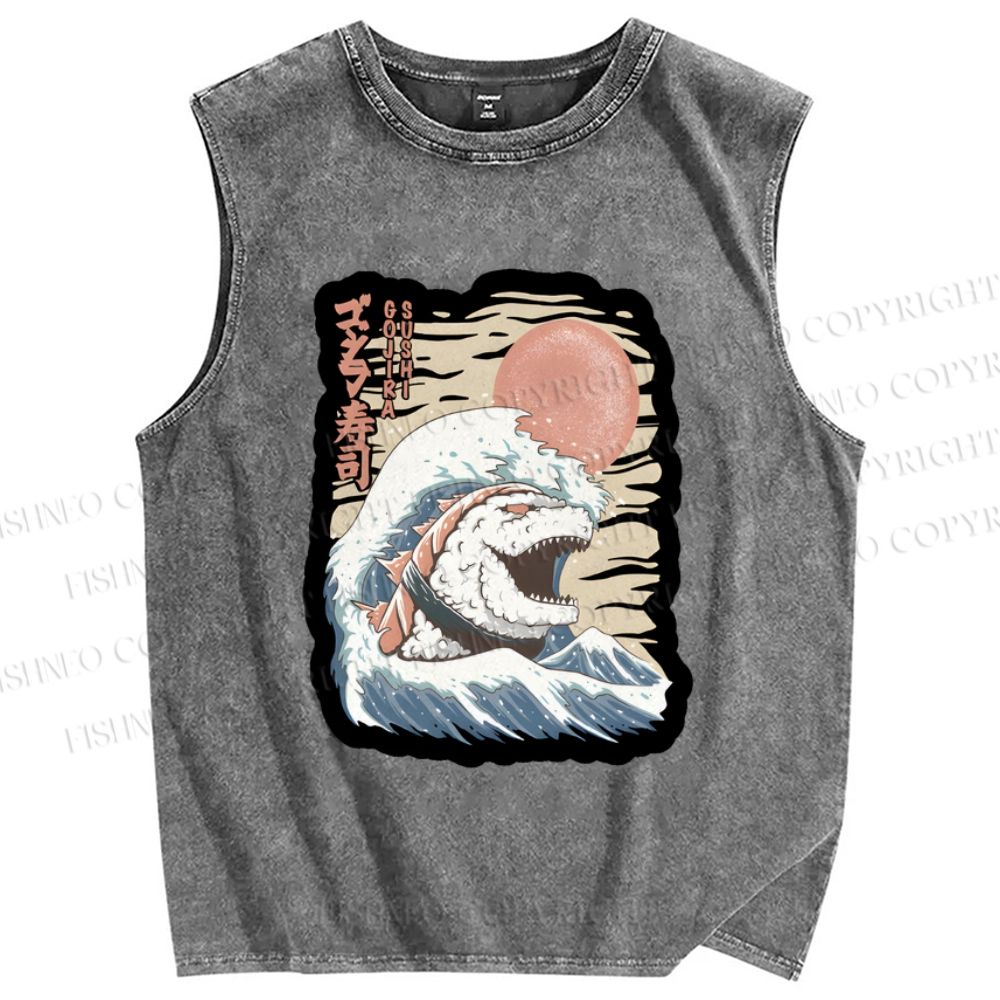 Unisex Japanese Sushi Wave Printed Washed Tank Top