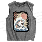 Unisex Japanese Sushi Wave Printed Washed Tank Top
