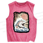 Unisex Japanese Sushi Wave Printed Washed Tank Top