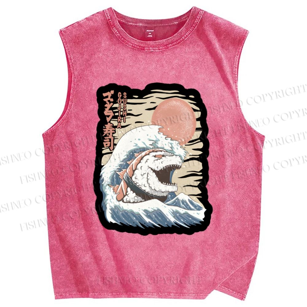 Unisex Japanese Sushi Wave Printed Washed Tank Top