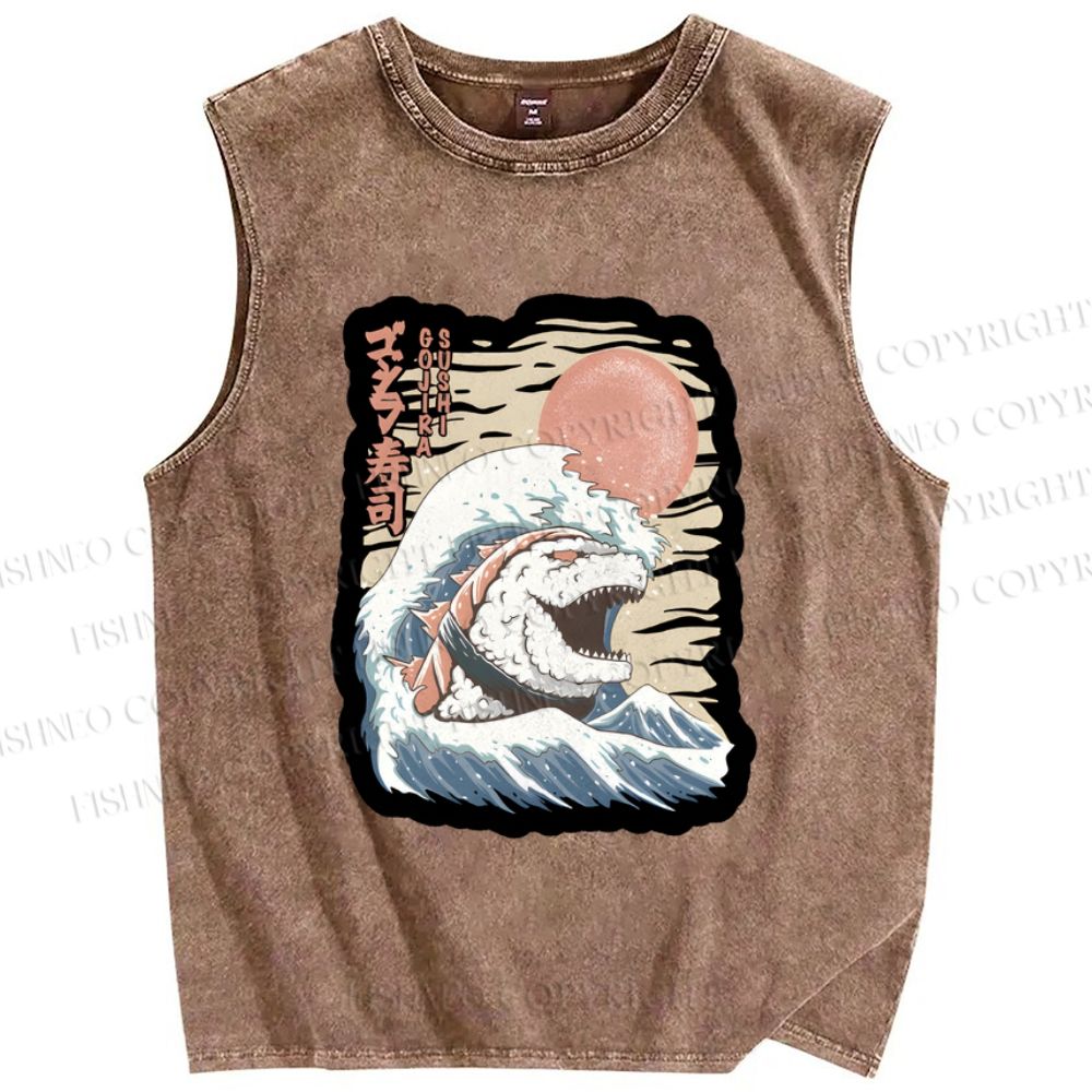 Unisex Japanese Sushi Wave Printed Washed Tank Top