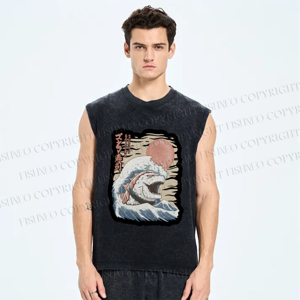 Unisex Japanese Sushi Wave Printed Washed Tank Top