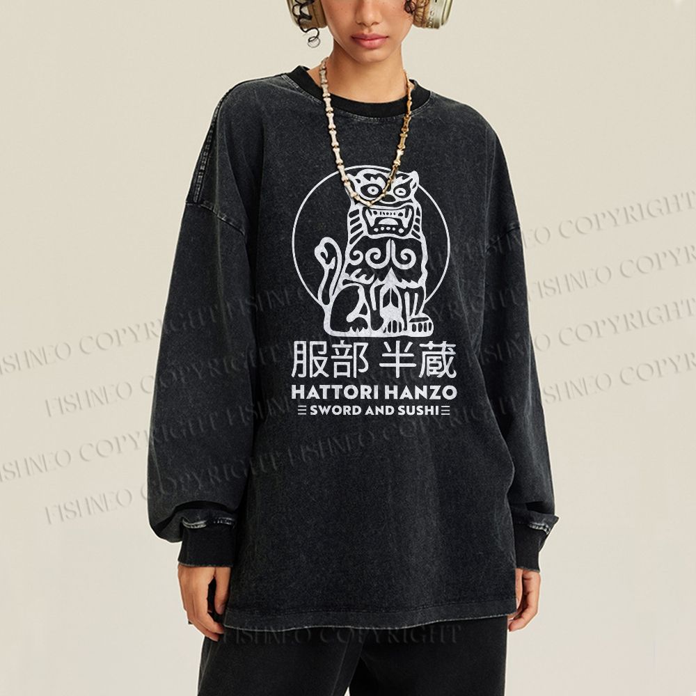 Unisex Casual Washed Hattori Hanzo Printed Long Sleeve T-shirt