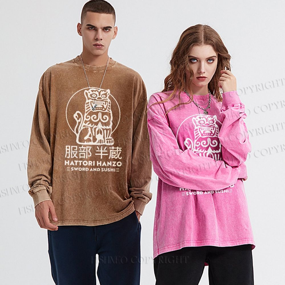 Unisex Casual Washed Hattori Hanzo Printed Long Sleeve T-shirt