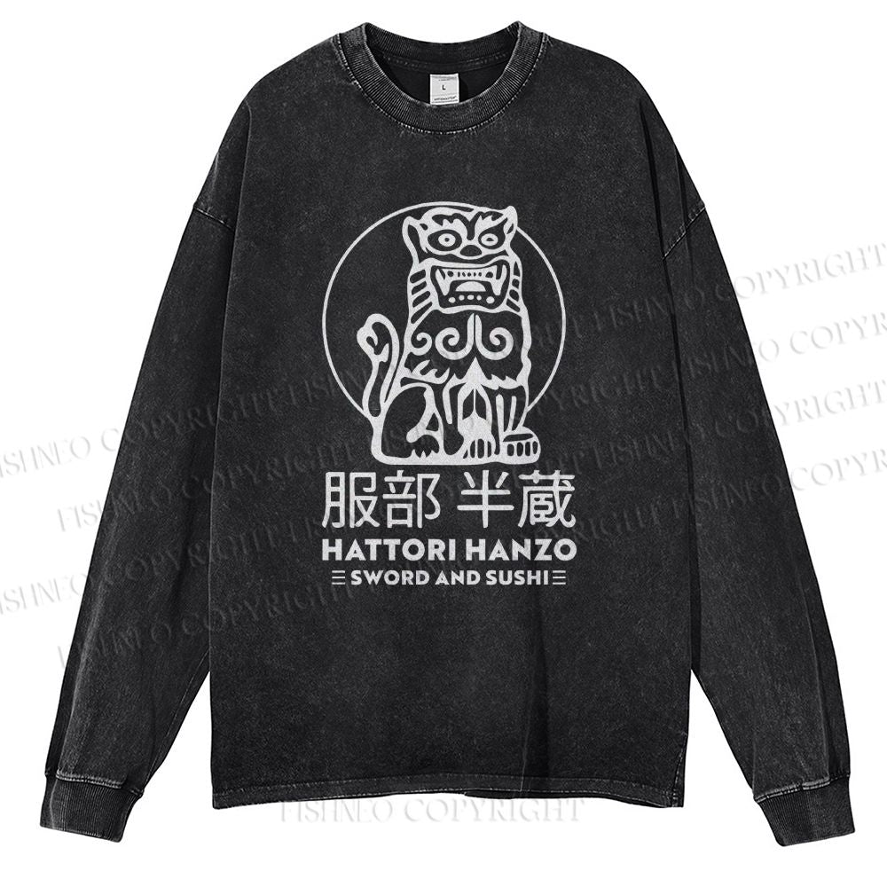 Unisex Casual Washed Hattori Hanzo Printed Long Sleeve T-shirt
