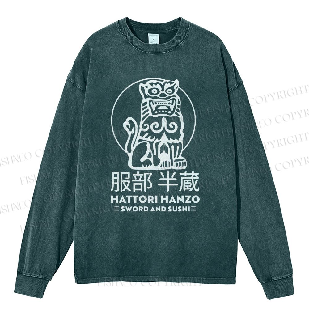 Unisex Casual Washed Hattori Hanzo Printed Long Sleeve T-shirt
